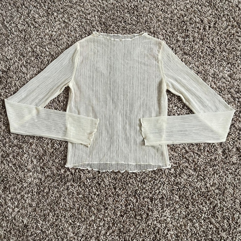 Dazy Sheer Mesh Metallic Stripe Lettuce Edge Long Sleeve Top Cream Ivory Small